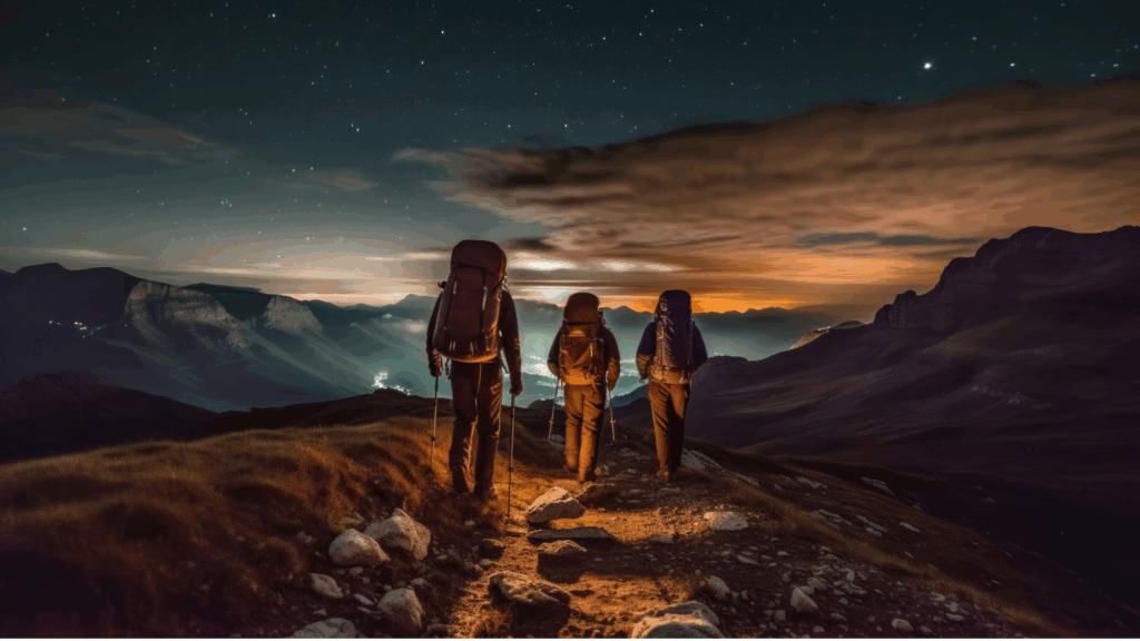 Three teenage explorers walking toward distant mountain peaks under an open sky, symbolizing ambition, discovery, and the journey ahead.